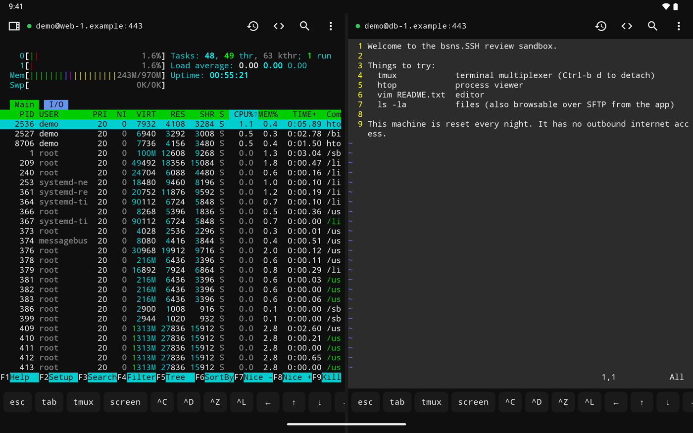 Two SSH sessions side by side on an Android tablet