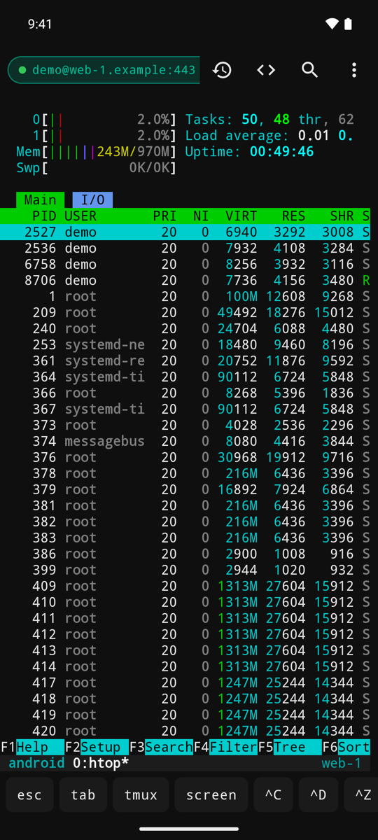 htop running in tmux on an Android phone